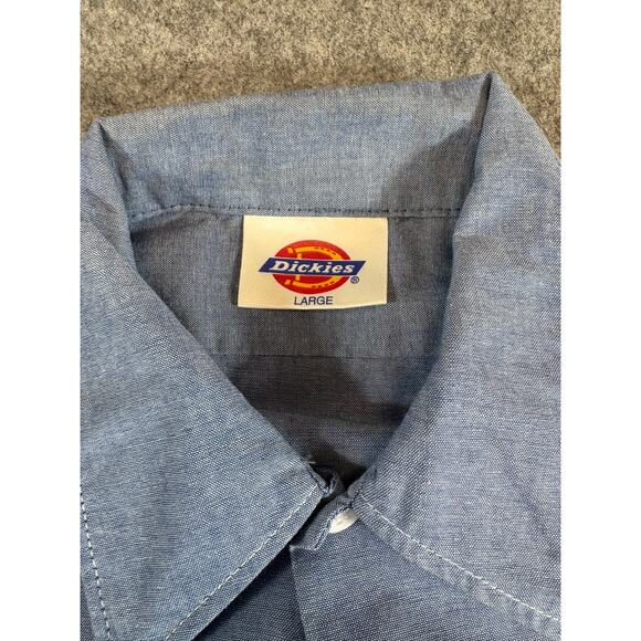 Vintage 90s Dickies Chambray Button Up Shirt Mens L Blue Short Sleeve Utility - Picture 2 of 5